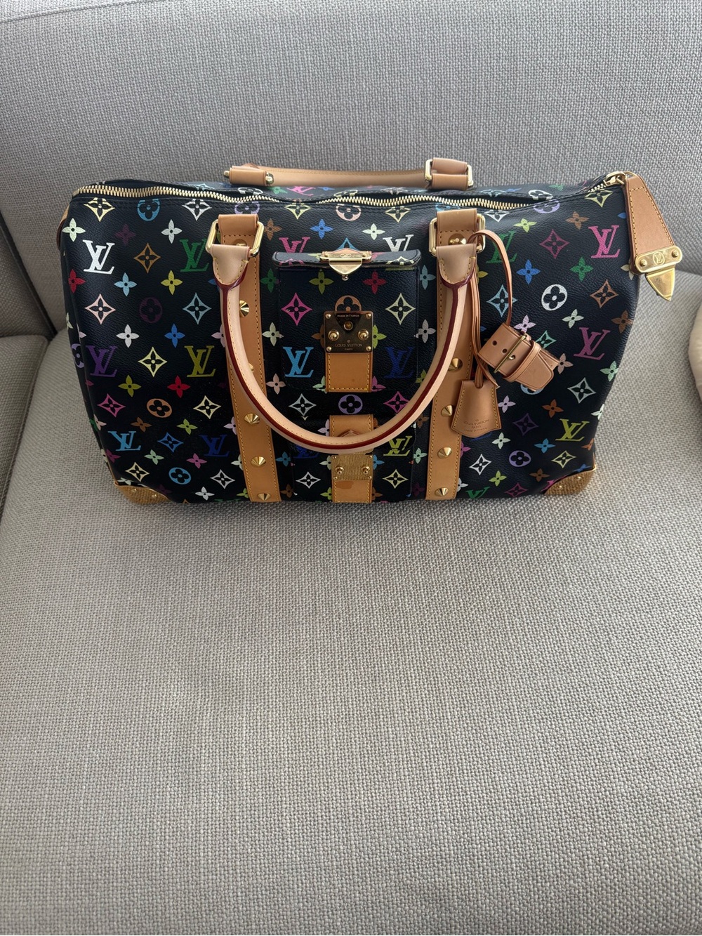 Louis Vuitton Black Multicolor Monogram Duffel with Tan Leather Trim 45